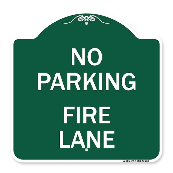 Signmission No Parking Fire Lane W/ Striped Border, Green & White Aluminum Sign, 18" x 18", GW-1818-23623 A-DES-GW-1818-23623 - main